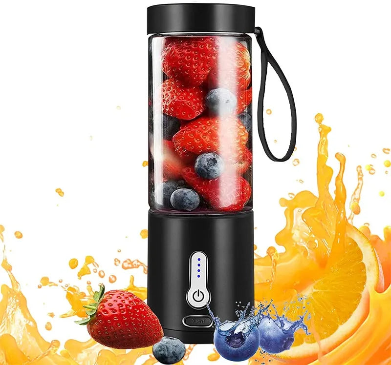 Portable 530ml rechargeable blender in black with lid and USB port, made from PC edible plastic
