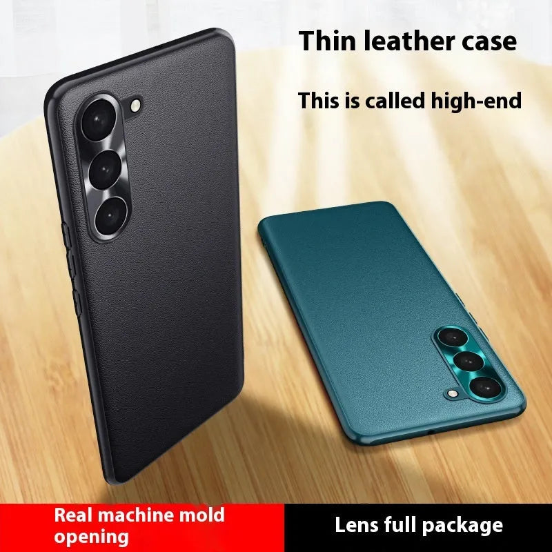 Leather phone case with metal lens ring and leather pattern for Samsung, available in Athens Black