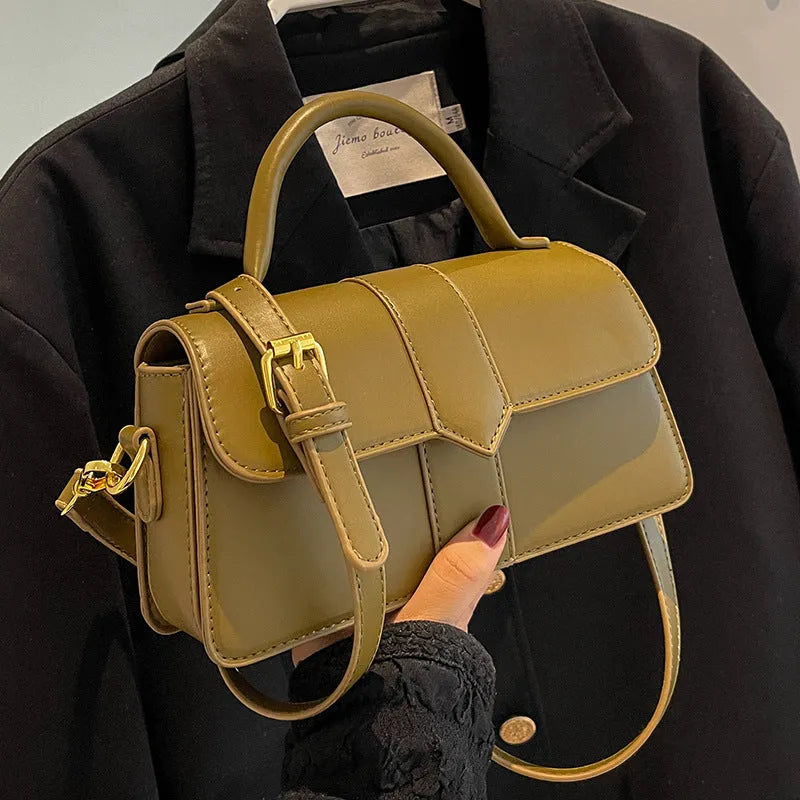 Women's PU leather messenger bag with horizontal square design measuring 22cm wide