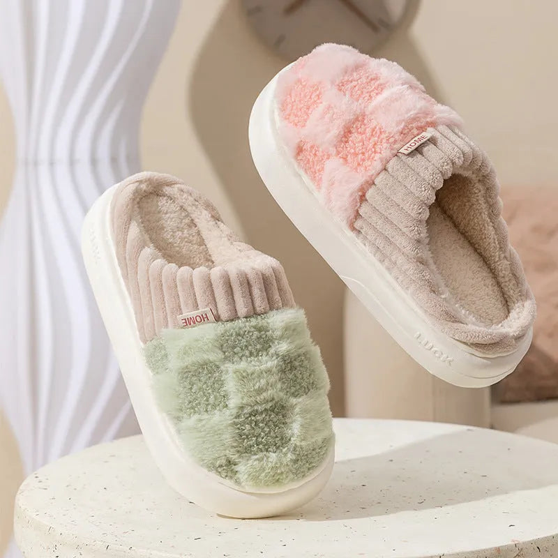 Women's plaid patterned plush slippers with non-slip sole in multiple colour options