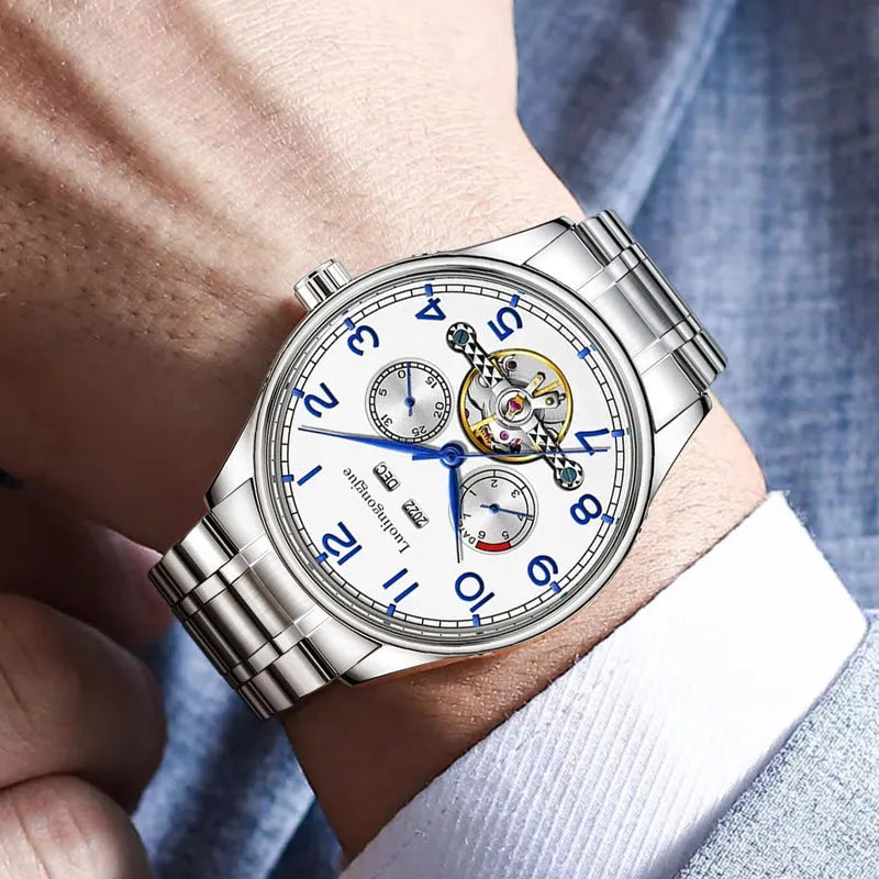 Business hollow men's mechanical watch with sapphire crystal glass and stainless steel case