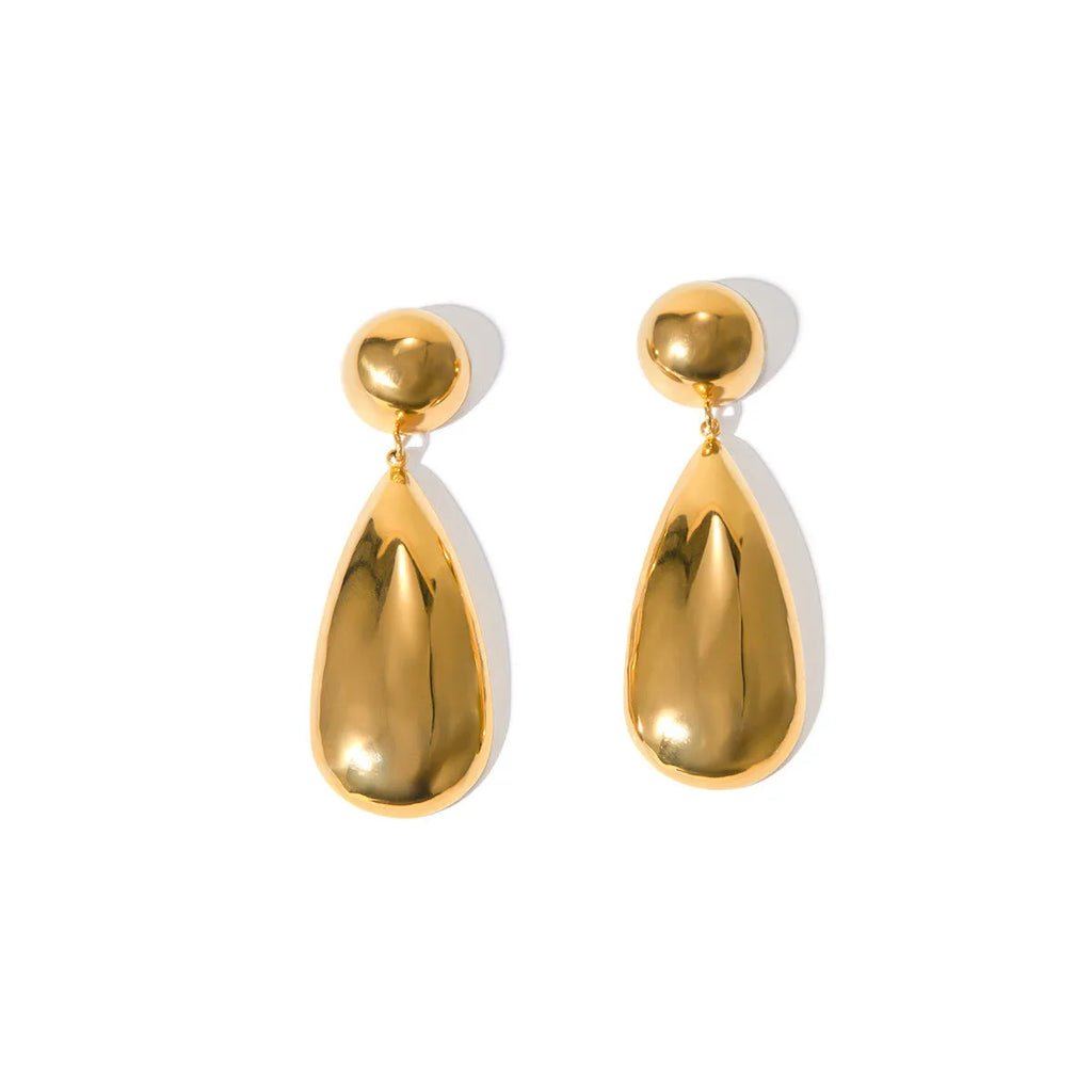 Gold electroplated stainless steel water drop pendant earrings with a geometric hemisphere design.