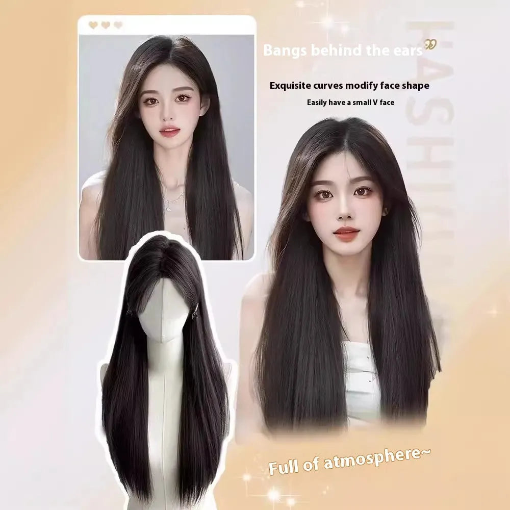 Forehead lace long straight full-head wig in dark brown with side bangs on a mannequin head