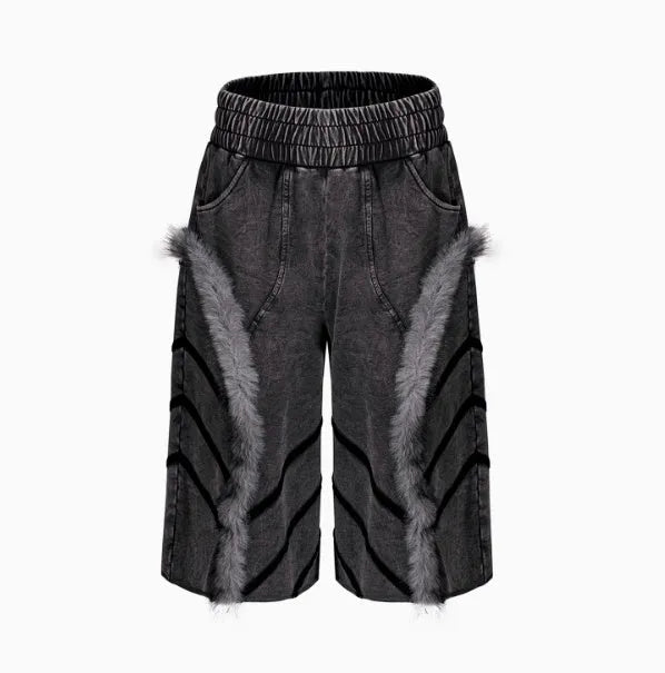 Stitching fur sleeveless hooded zipper tank top in black and gray, short Korean-style vest
