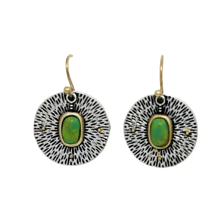 Retro creative turquoise colour separation earrings in antique silver alloy, electroplated finish, old money style