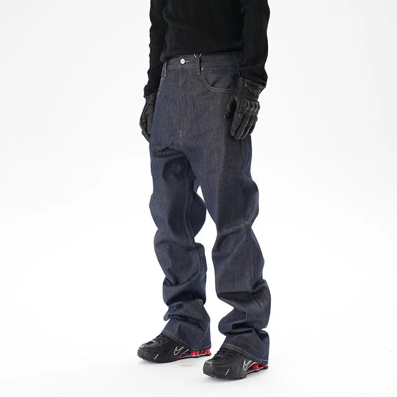 Casual loose straight original jeans in dark blue denim fabric, front view, showing loose straight leg cut.