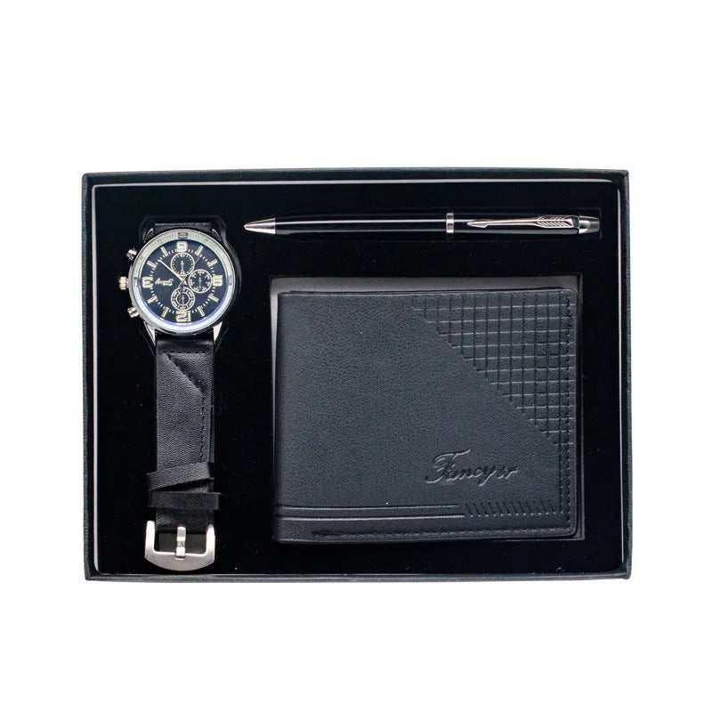 Brown and black 4-piece business gift sets featuring a watch, wallet, pen, and modern simple style presentation box.