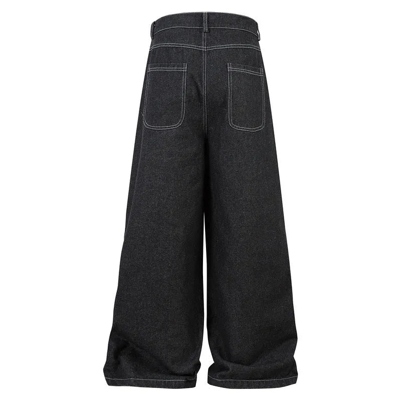 Black multi-pocket pleated workwear jeans made from cotton denim, mid-waist, zip placket, on display for teenagers