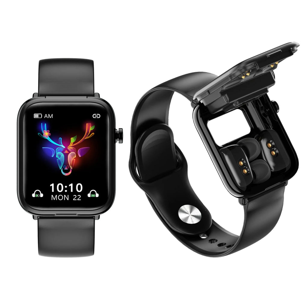 Black zinc alloy smartwatch with 1.69-inch touchscreen next to its magnetic charging case for TWS earbuds.