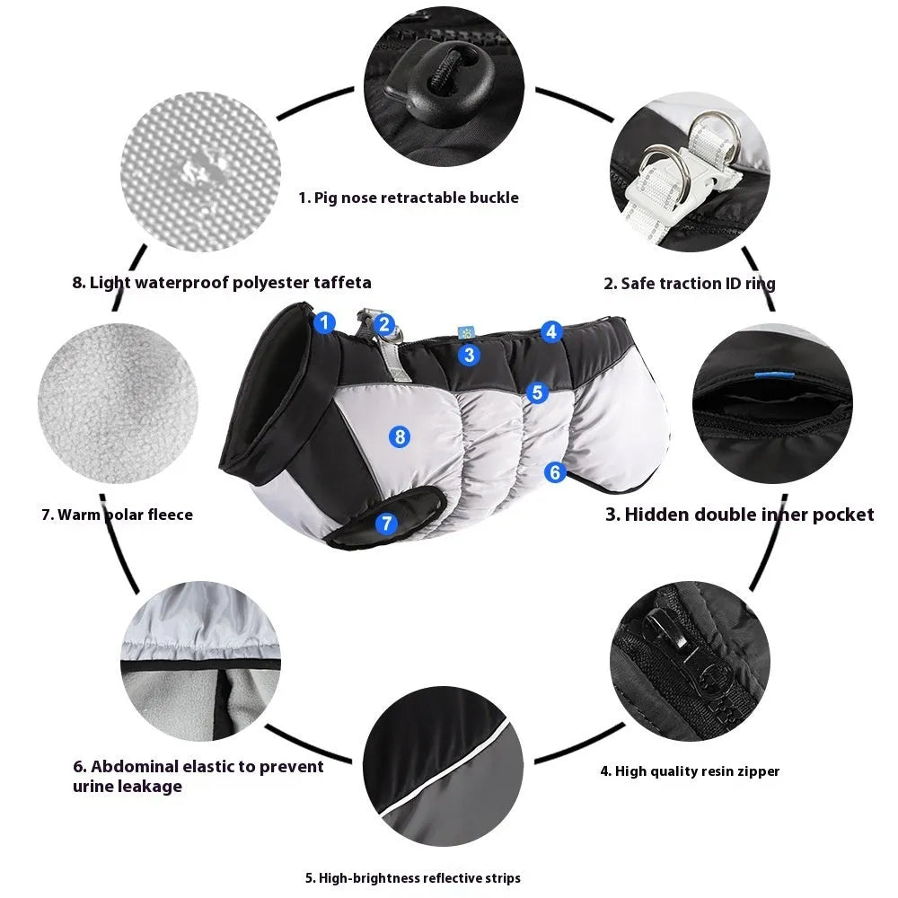 Reflective waterproof polar fleece pet winter coat for large dogs in black