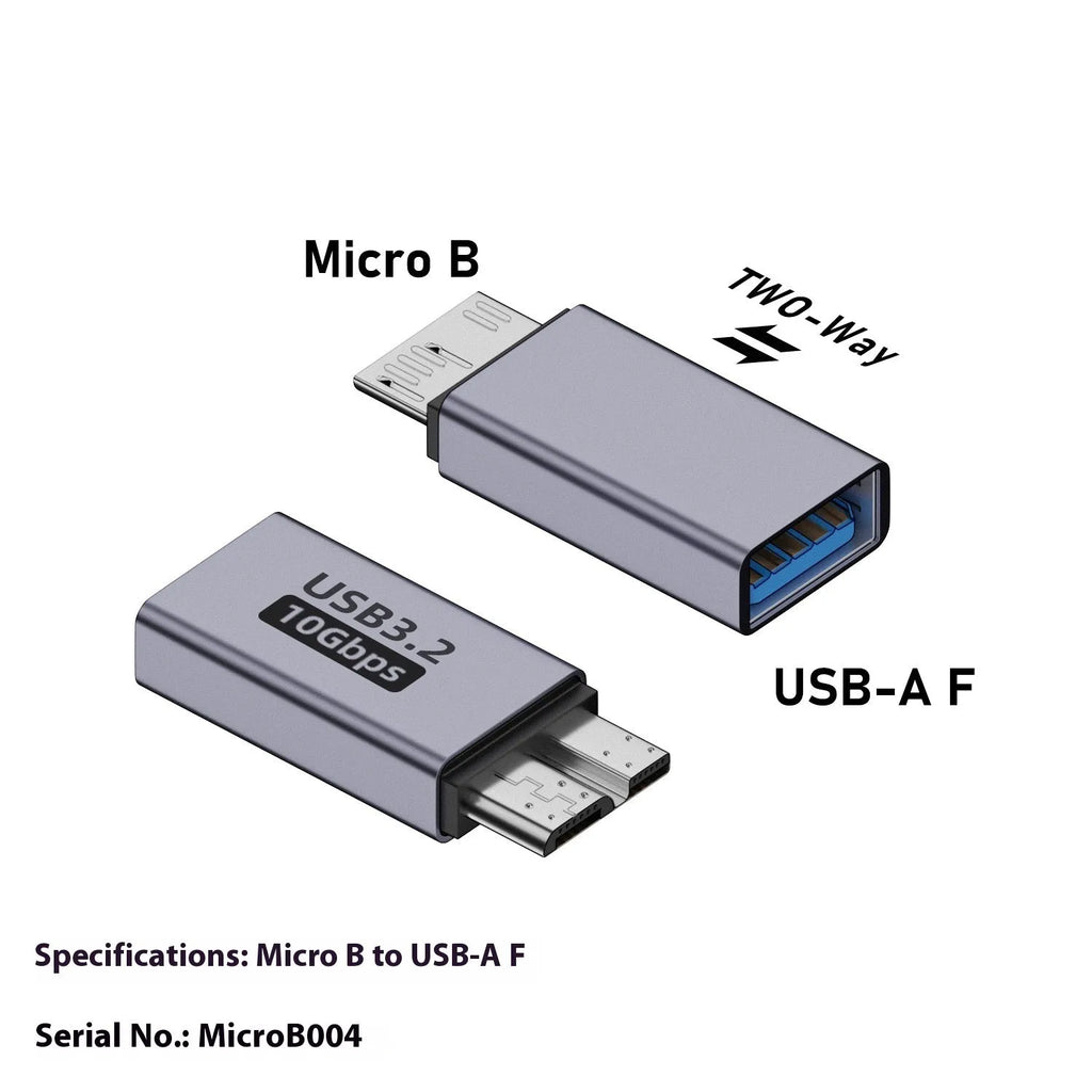Micro B adapter converter showing Type-C and USB connectors for charging and data transfer on hard drives and phones.