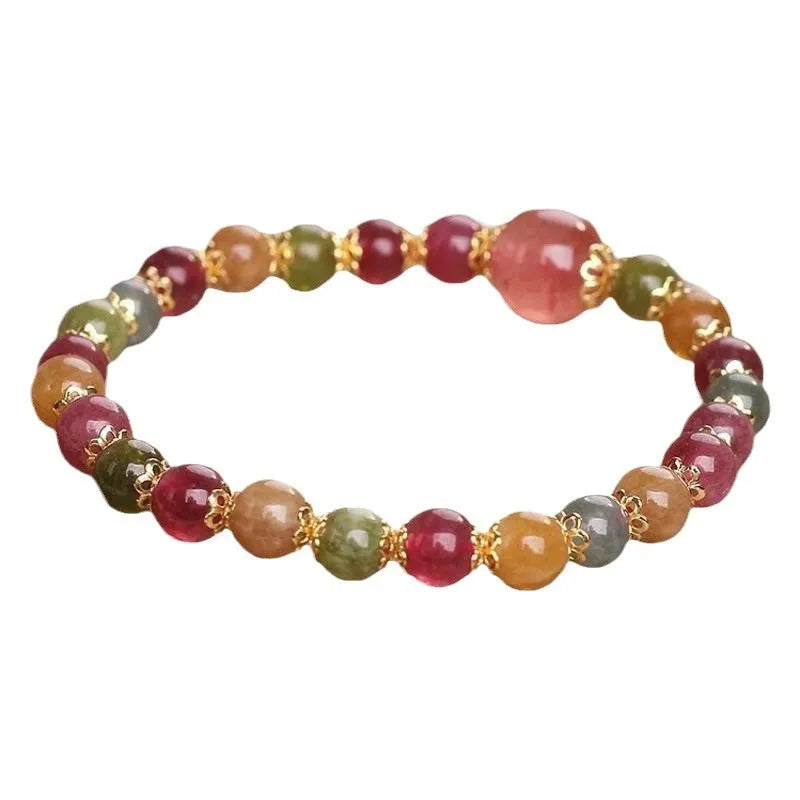 Natural tourmaline and strawberry quartz round bead bracelet, 10mm unisex handmade gift