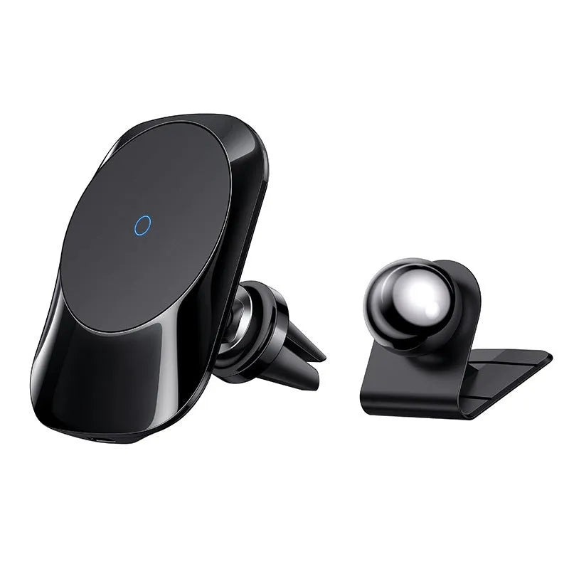 Black magnetic car wireless charger mounted on a car air vent, with a smartphone attached, showing included dashboard base and cable.