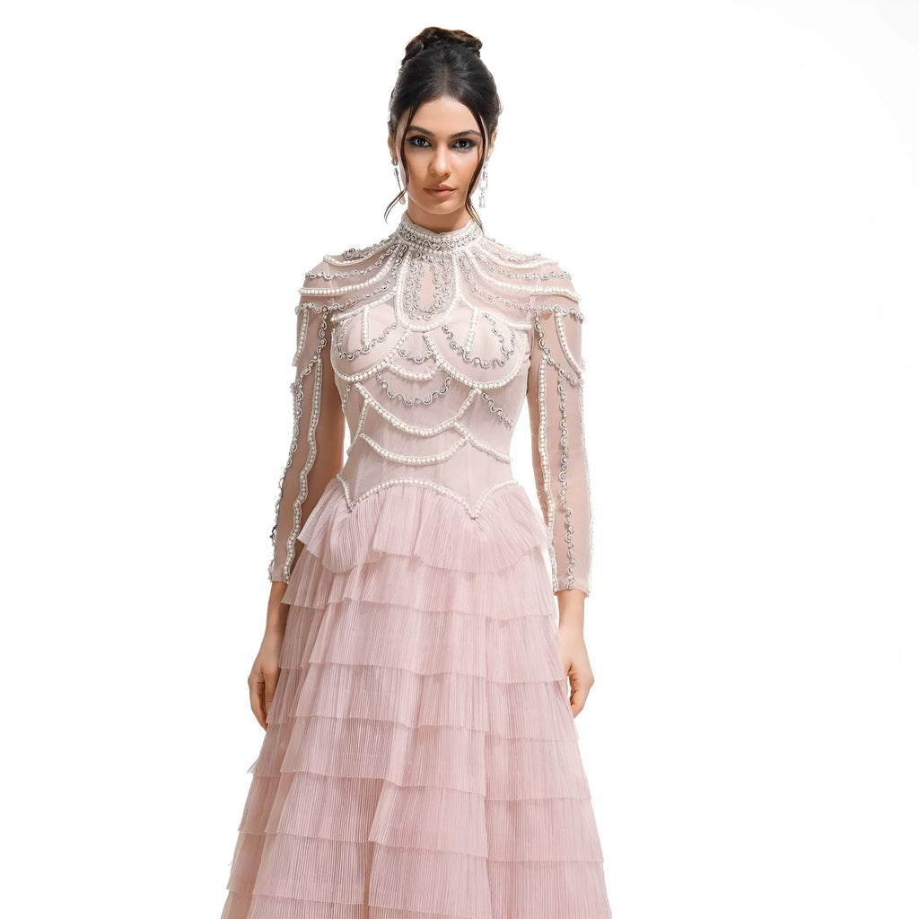 Women's black long sleeve dress with beaded decoration and mid waist silhouette