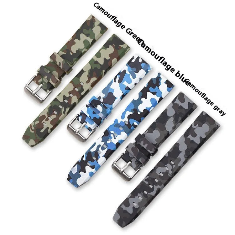 Blue camouflage silicone watch strap showing 20mm width and buckle.