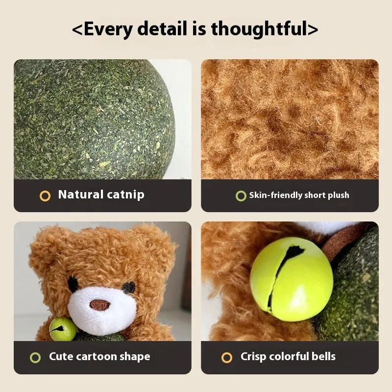 Plush catnip ball toy with bell for kittens in brown bear design