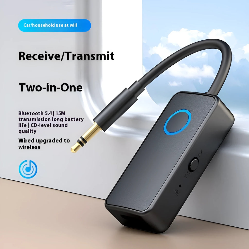 Black Bluetooth 5.4 audio adapter with flexible 3.5mm aux plug for wireless car and home audio connectivity