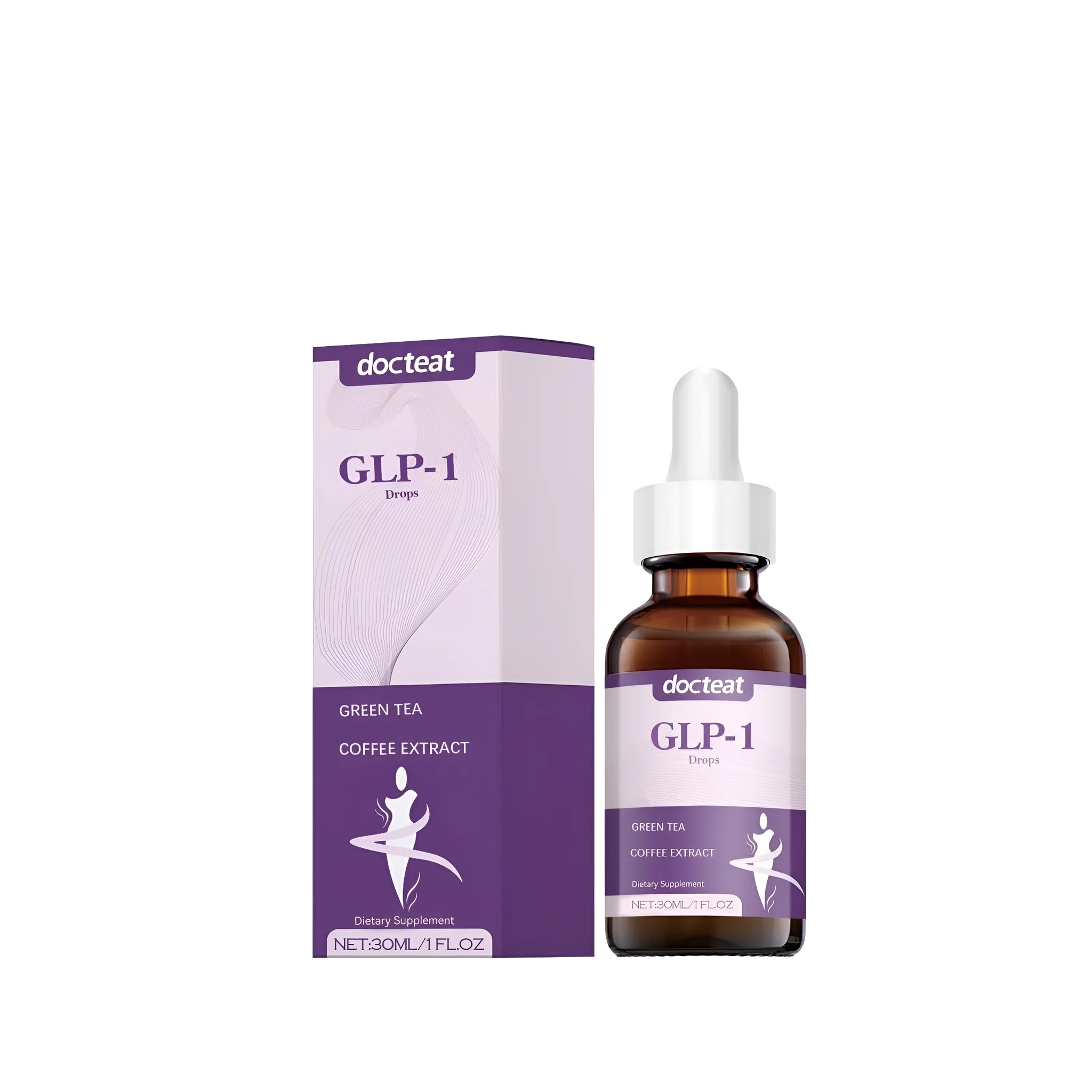 30ml bottle of herbal metabolism support droplets with dropper containing green tea and coffee cherry extracts
