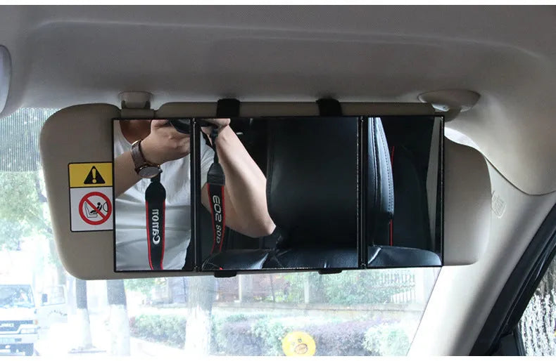 Silver car folding makeup mirror open showing 30.5cm width with ABS frame and glass surface