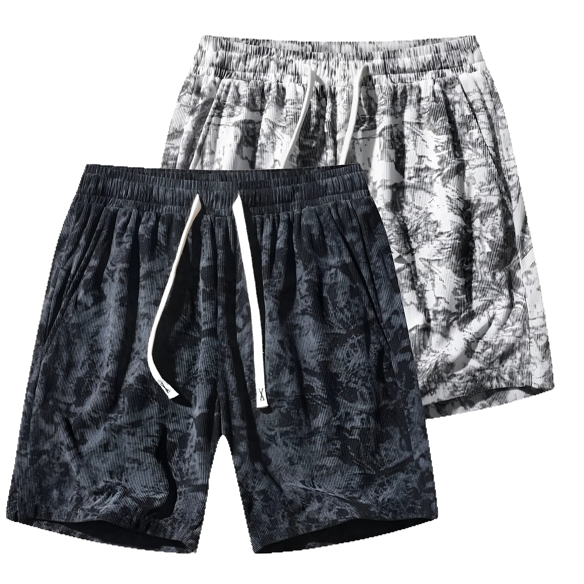 Men's camouflage pattern corduroy athletic shorts with straight leg cut and high waist