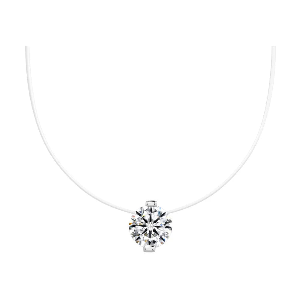 Women's S925 silver moissanite pendant necklace with invisible fishing line chain on clavicle.