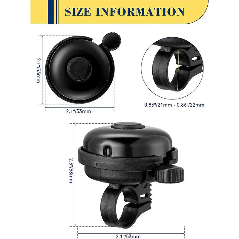 Black ABS bicycle flat bell 58mm diameter on handlebar with fixture for mountain bike