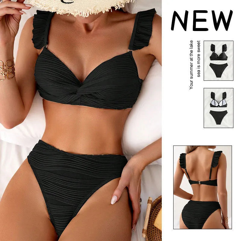 Solid colour women's polyester bikini swimsuit in black or khaki