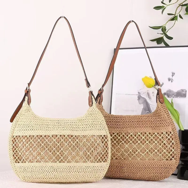 Women's casual straw cross body bag in khaki colour with a cross body strap and outer pocket.
