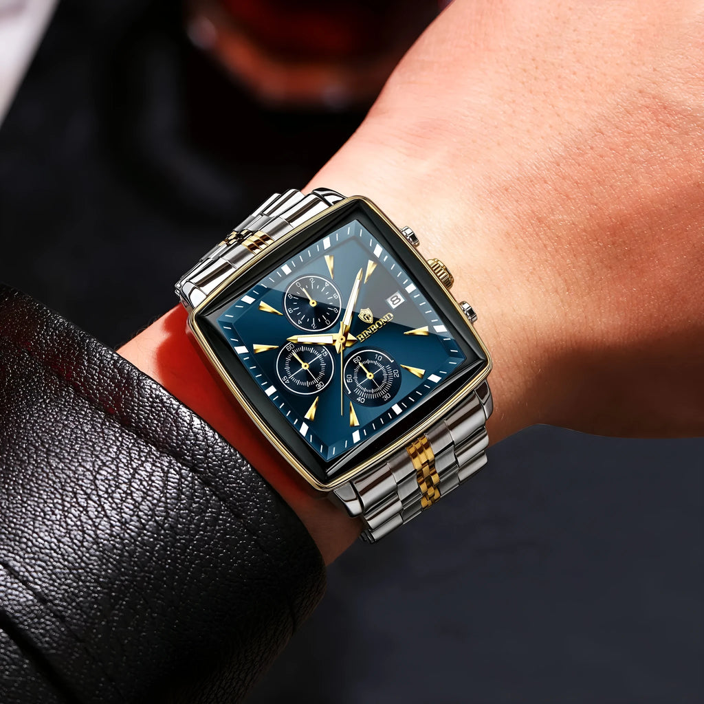 Men's stainless steel waterproof quartz watch with rectangular luminous dial and silver strap on white background