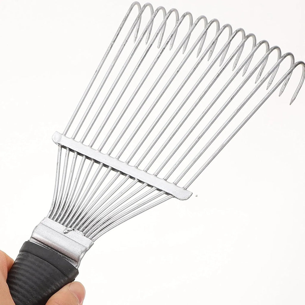 Black stainless steel dematting brush rake comb for dog and horse grooming, showing metal teeth and handle.