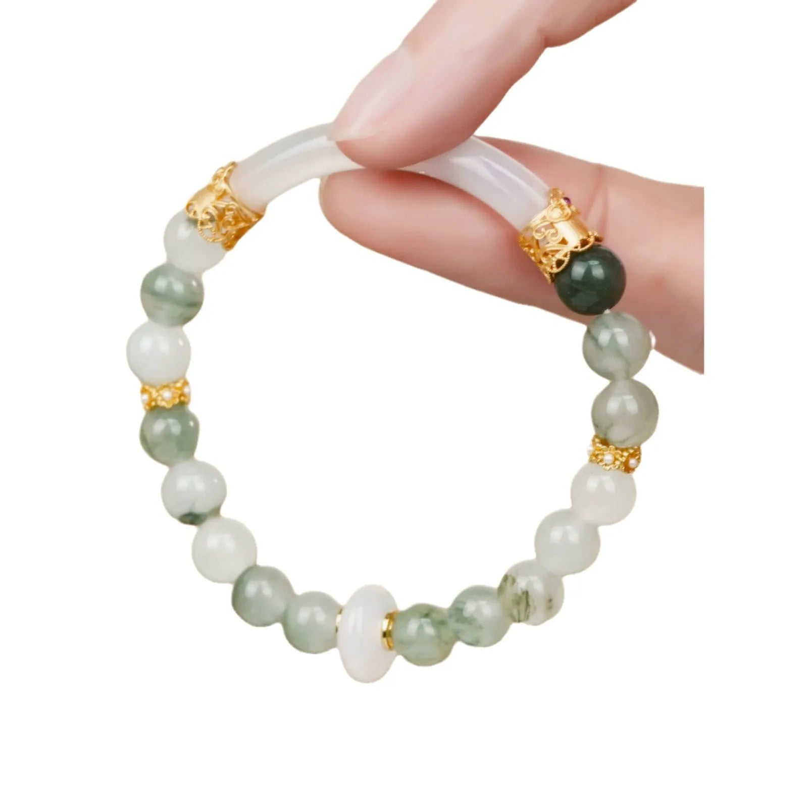 Light green emerald Tian Shan Cui half bracelet with floating flower girl motif on white background