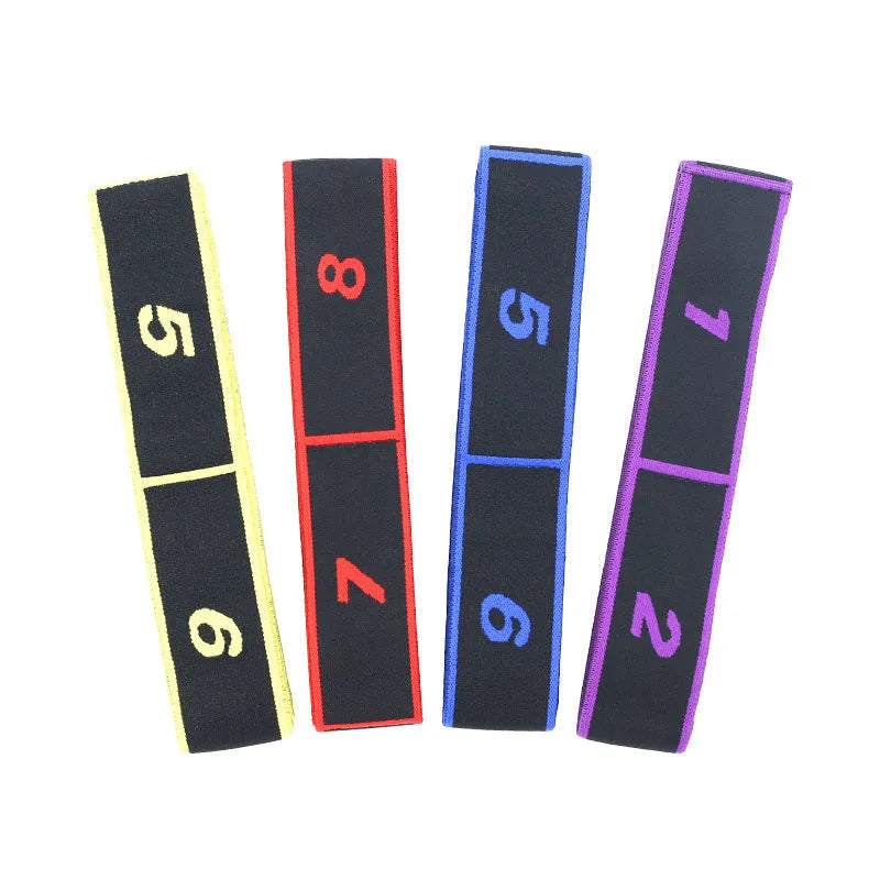 Yoga multi section stretch strap in blue, made from polyester cotton and latex yarn, on a flat surface