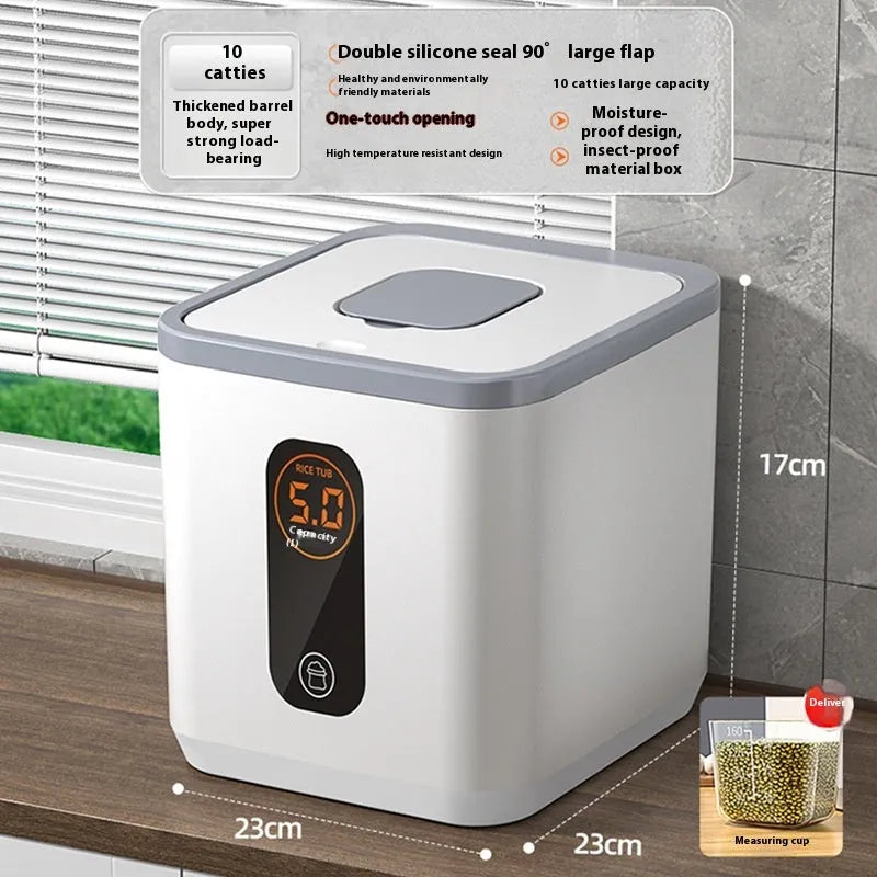 Grey plastic rice storage jar with sealed lid and measuring cup for dry goods preservation