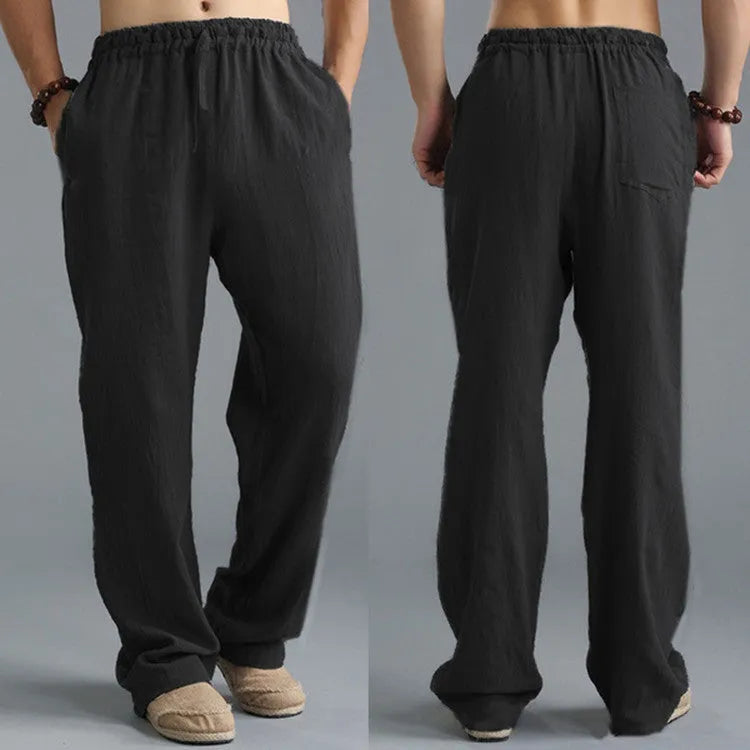 Men's breathable linen loose casual sports pants in khaki with elastic waistband, available in sizes S to 5XL