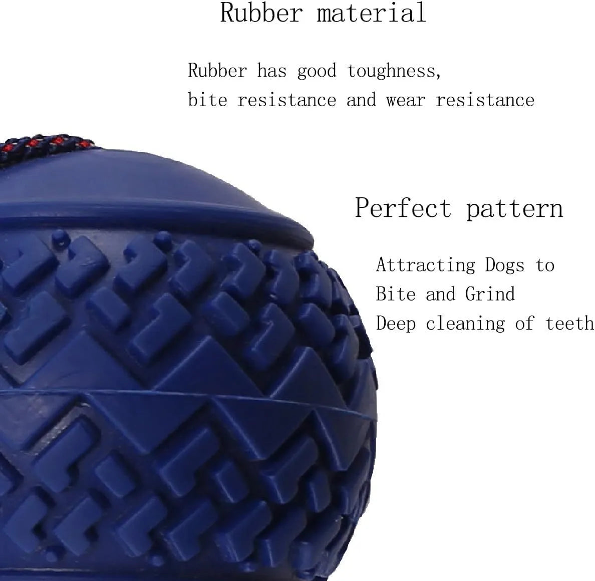 Blue natural rubber dog ball attached to a rope toy for small breeds, showing textured surface.