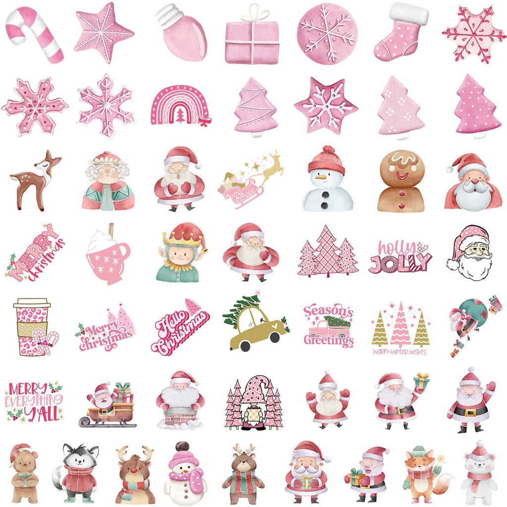 50 Christmas waterproof stickers pack showing cute designs for car phone computer decoration