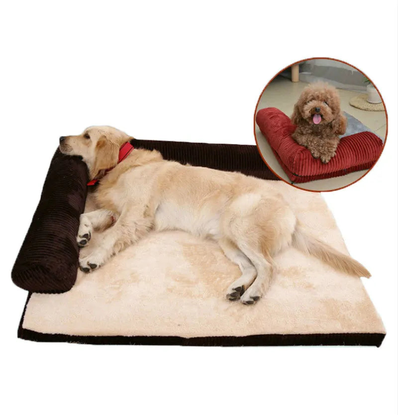 Corduroy pet dog sofa bed with non-slip base in a neutral colour on a wooden floor