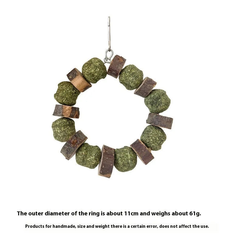 Natural applewood straw ball hamster chew toy with colourful sequin rings for guinea pigs and rabbits.