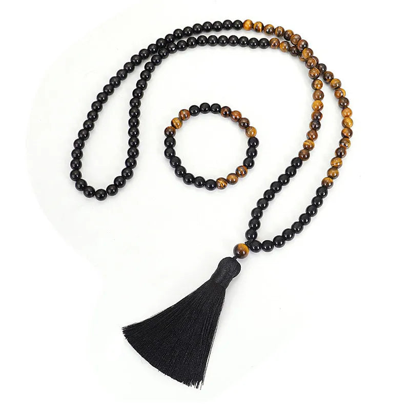 Handmade tiger eye stone tassel pendant necklace bracelet set on ball bead chain unisex drop shape national style