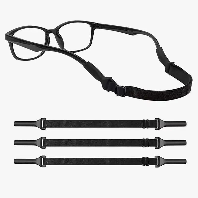 Black adjustable glasses cord with silicone end pieces shown on a pair of spectacles.