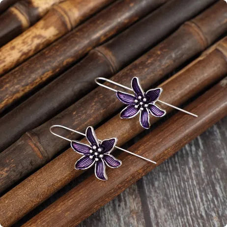 Purple floral alloy earrings with electroplated finish, retro simple design for pierced ears