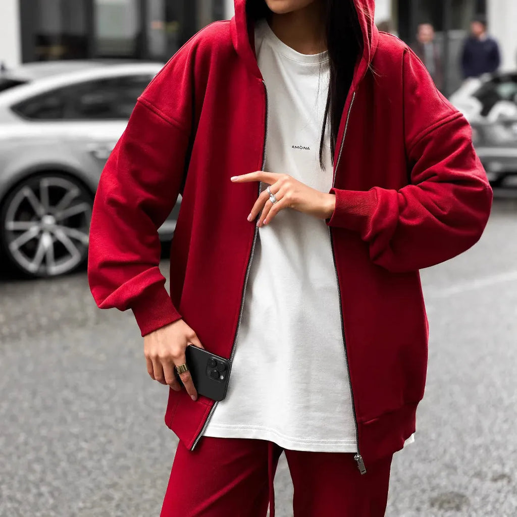 Women's loose fit red polyester coat and trousers two-piece street style set