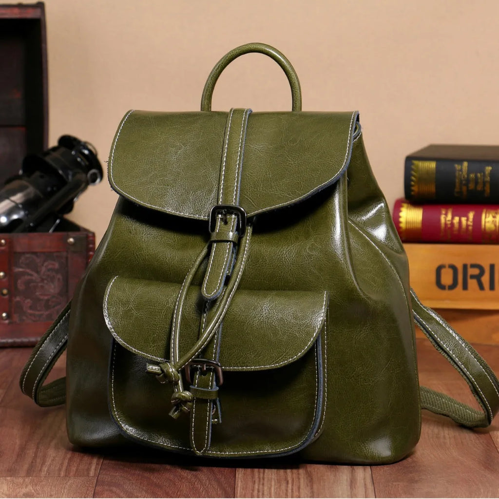 Genuine cowhide leather backpack with pull-belt pocket in black, 28x30x12cm, street style