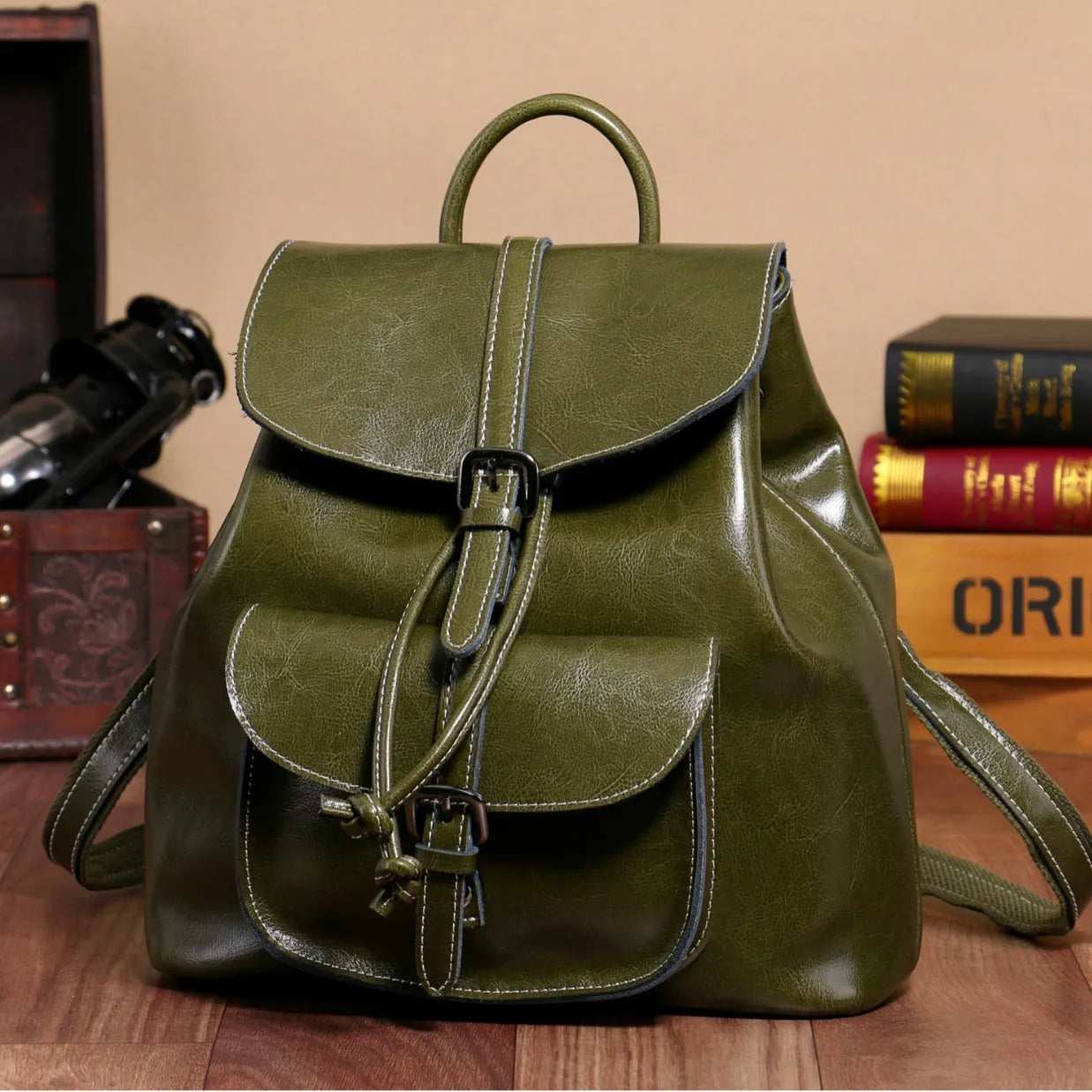 Genuine cowhide leather backpack with pull-belt pocket in black, 28x30x12cm, street style