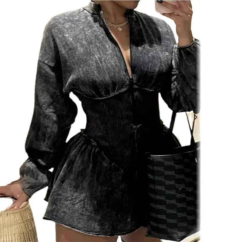 Grey slim-fit dress with digital print pattern and drawstring waist