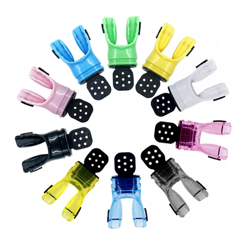 Edible silicone plastic free diving mouthpiece in various colours, showing 110mm length.