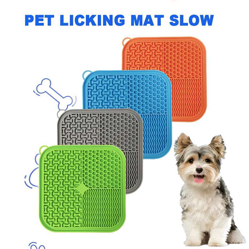 Blue silicone dog licking mat with textured surface and suction cups on back