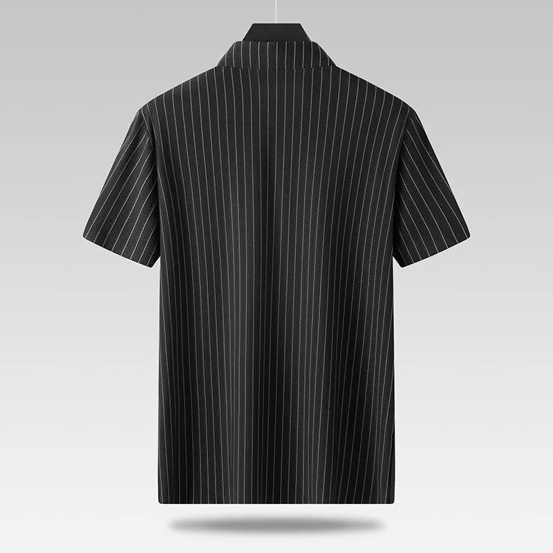 Men's plus size ice silk square collar casual shirt in black, loose cardigan style