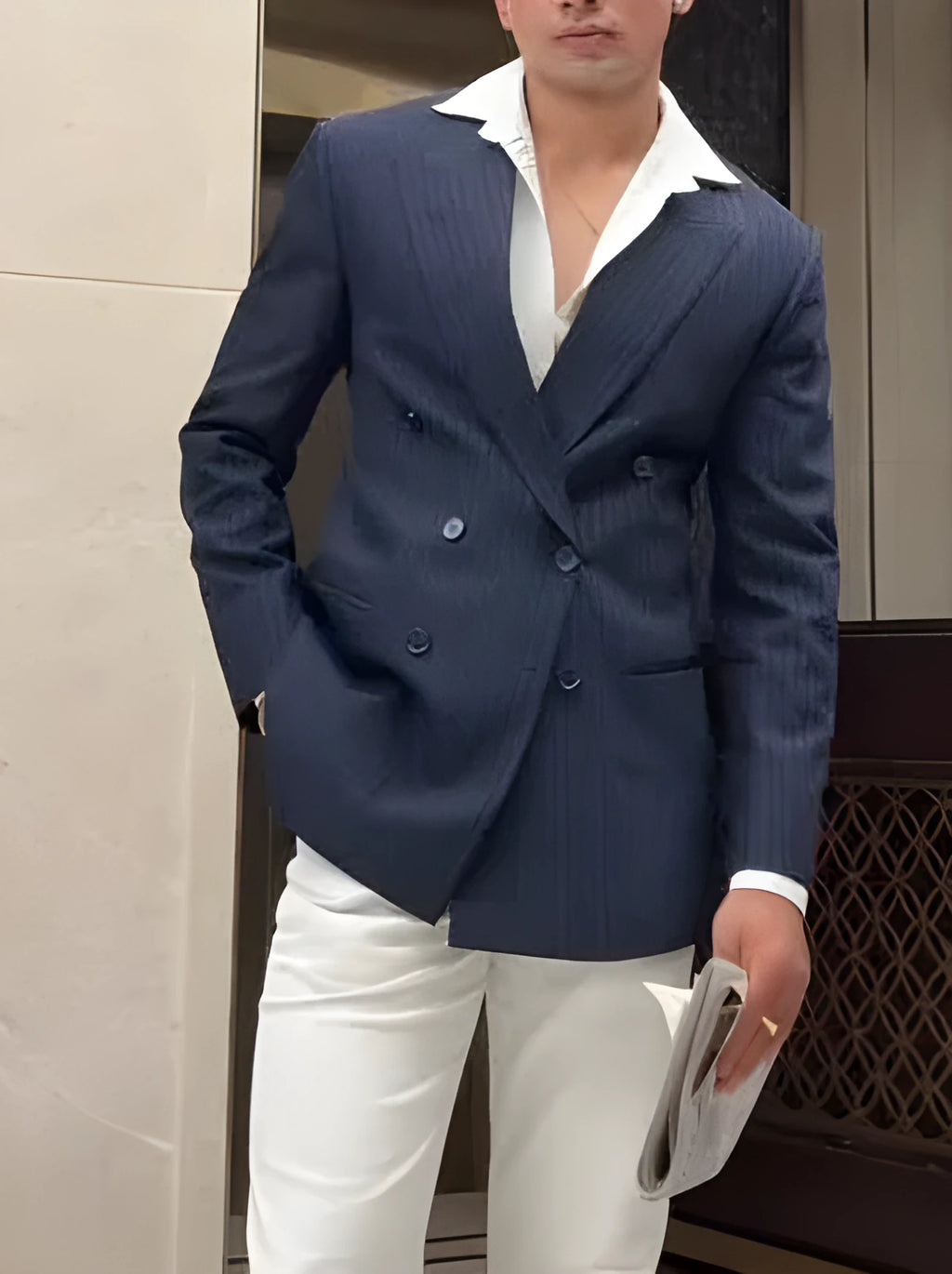 Men's striped double-breasted blazer in regular fit polyester for daily wear