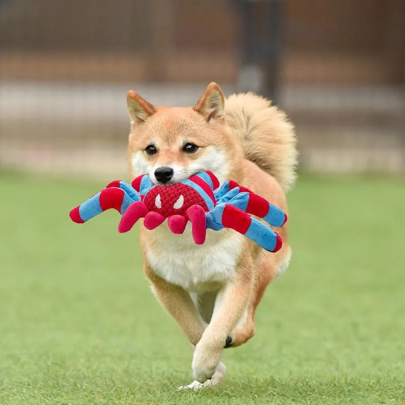 Red bite-resistant plush teddy dog toy with squeaker for tooth cleaning suitable for medium and large dogs
